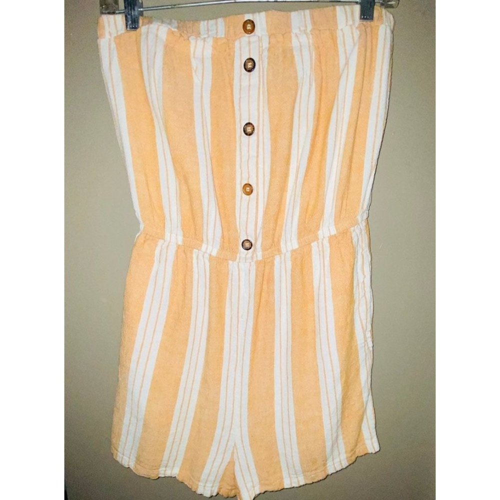 Yellow and White Strapless Romper.